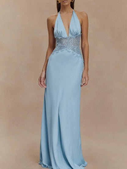 Halter Neck Lace Trimmed Maxi Dress