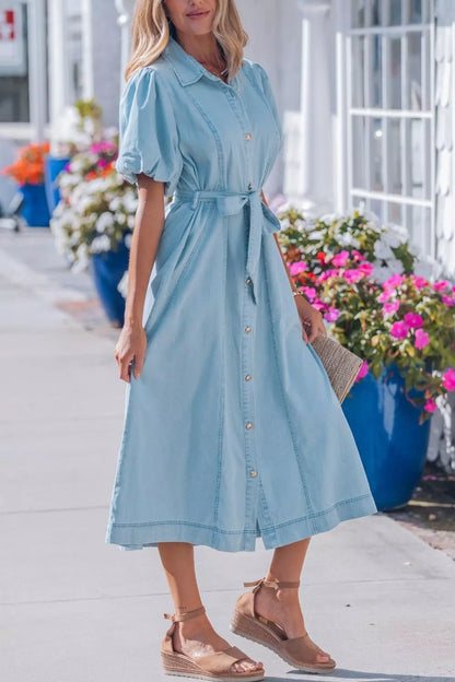 Full Buttons Collared Short Bubble Sleeve Long Denim Dress