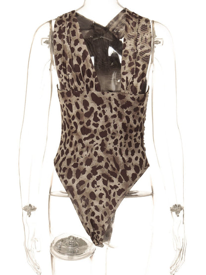 Asymmetrical Neck Leopard Bodysuit