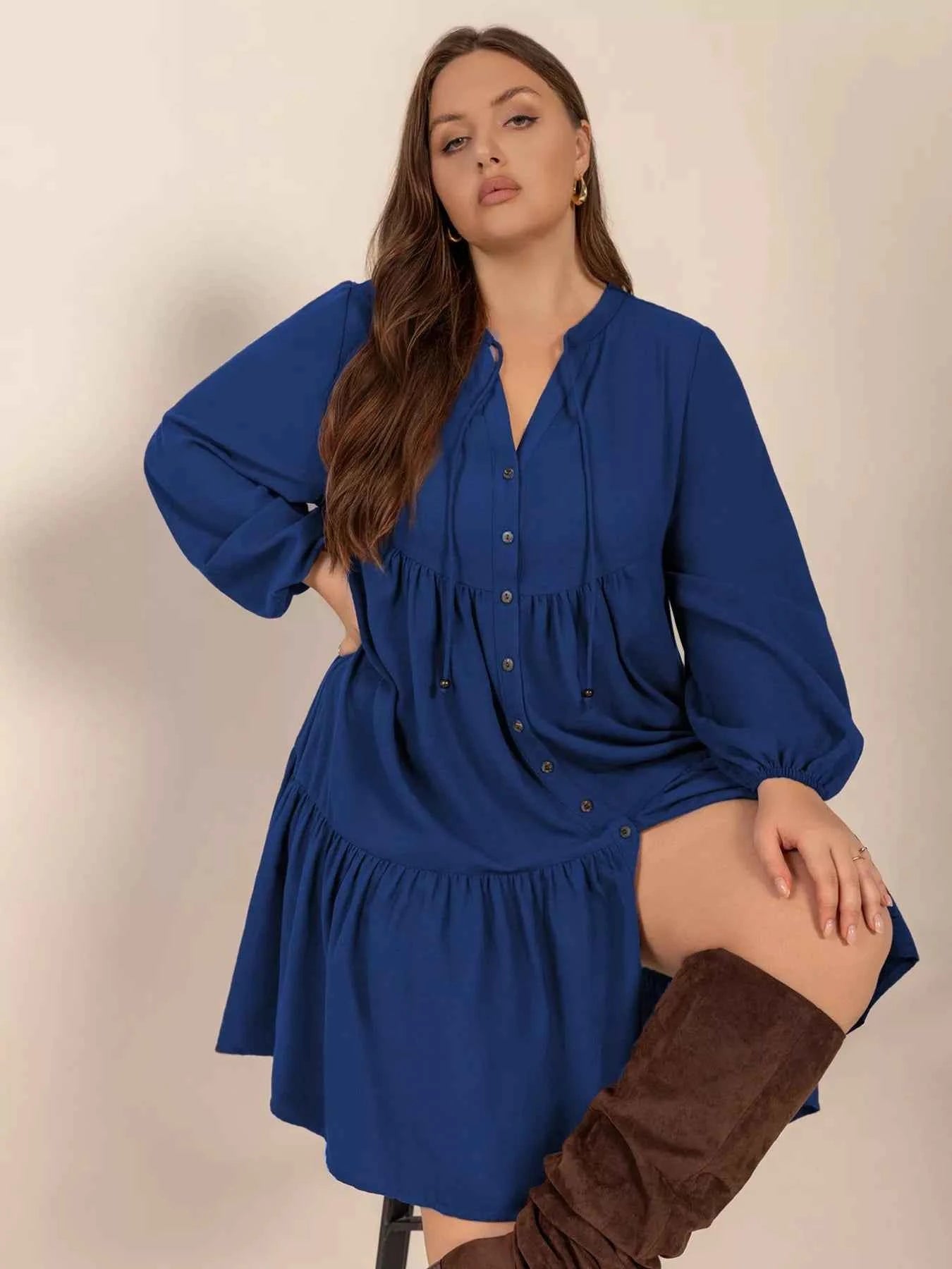 Plus Size Tie Neck Balloon Sleeve Dress