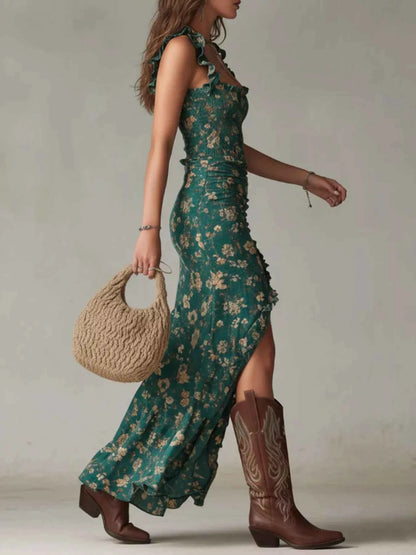 Floral Ruched Slit Maxi Dress