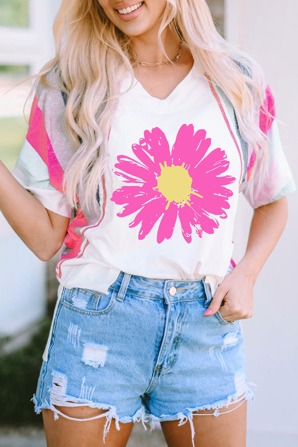 Daisy Graphic V-Neck Half Sleeve T-Shirt - Lojy Shop