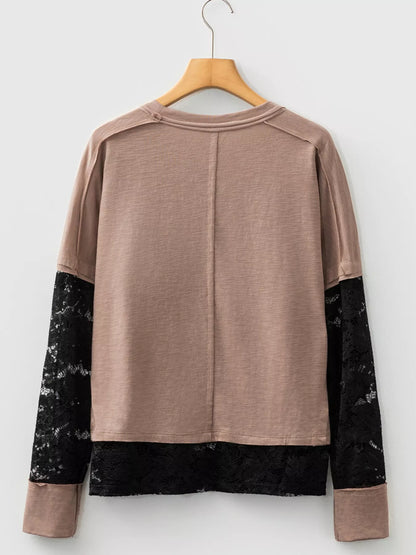 Sheer Lace Patchwork Casual Long Sleeve Tee