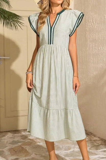 Striped Ruffle Sleeve Midi Dress