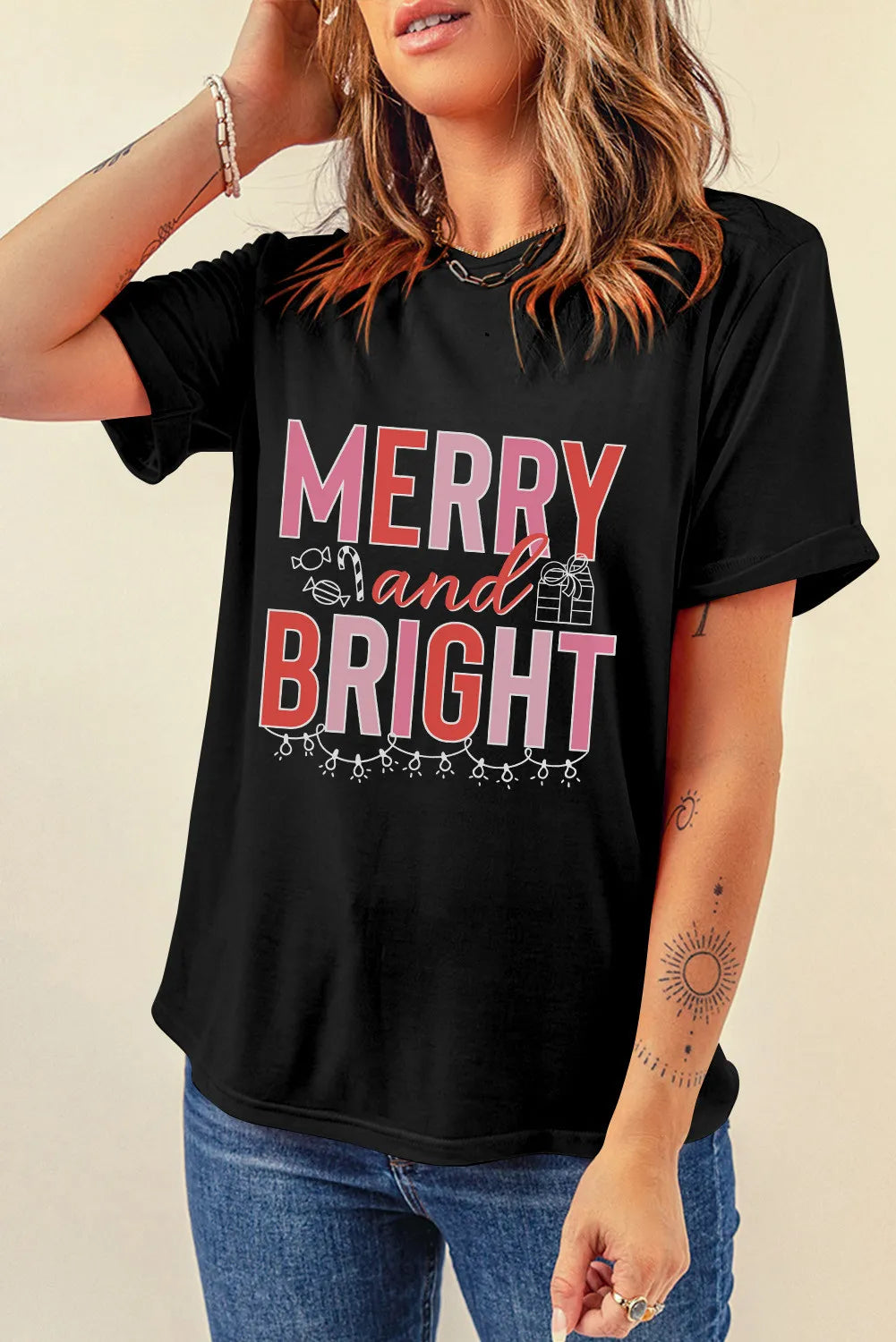 MERRY AND BRIGHT Round Neck Short Sleeve T-Shirt - Lojy Shop