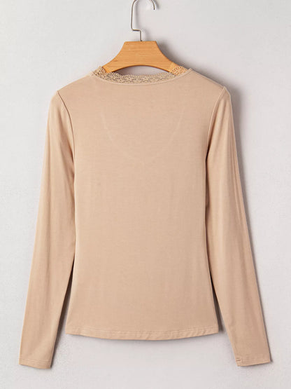 Lace-Trimmed Ruched Detail Long Sleeve T-Shirt