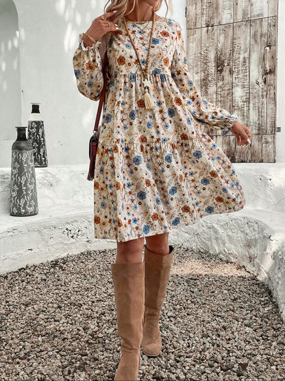 Floral Print Long Sleeve Tiered Dress