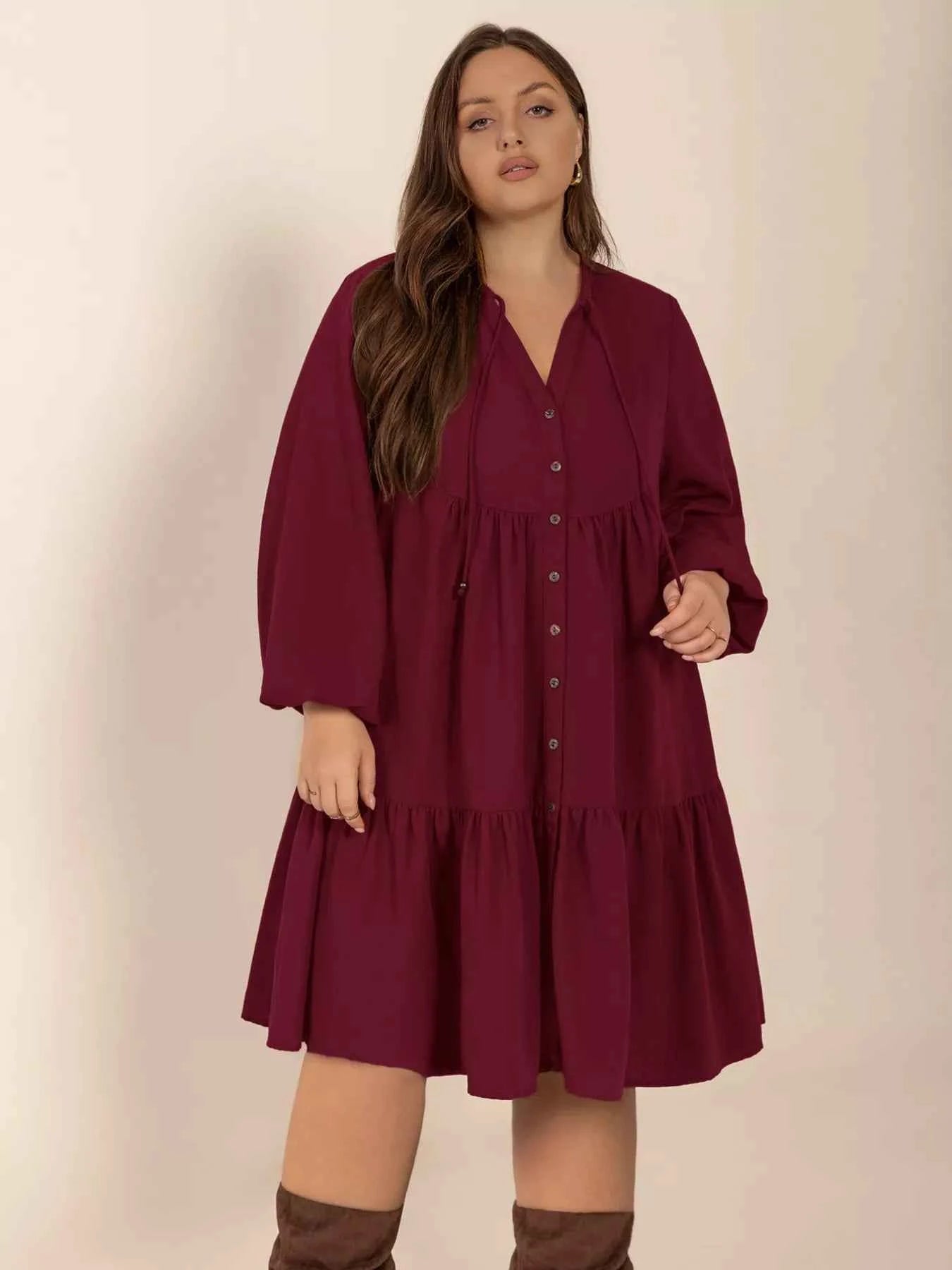 Plus Size Button Front Balloon Sleeve Dress