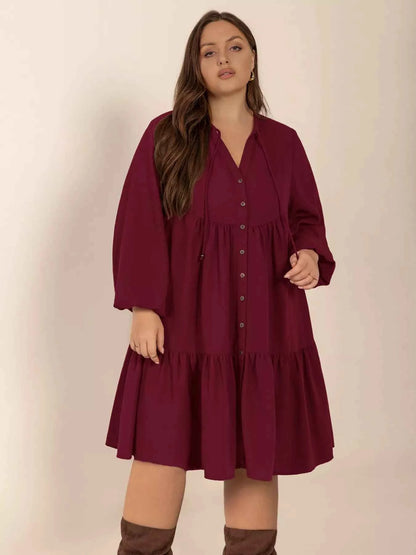 Plus Size Button Front Balloon Sleeve Dress