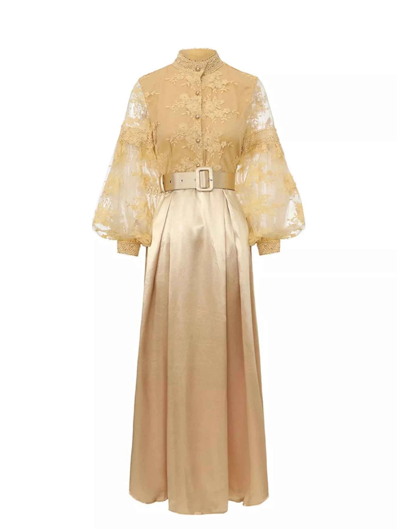 Lace Lantern Sleeve Belted Maxi Dress