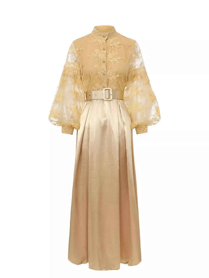 Lace Lantern Sleeve Belted Maxi Dress