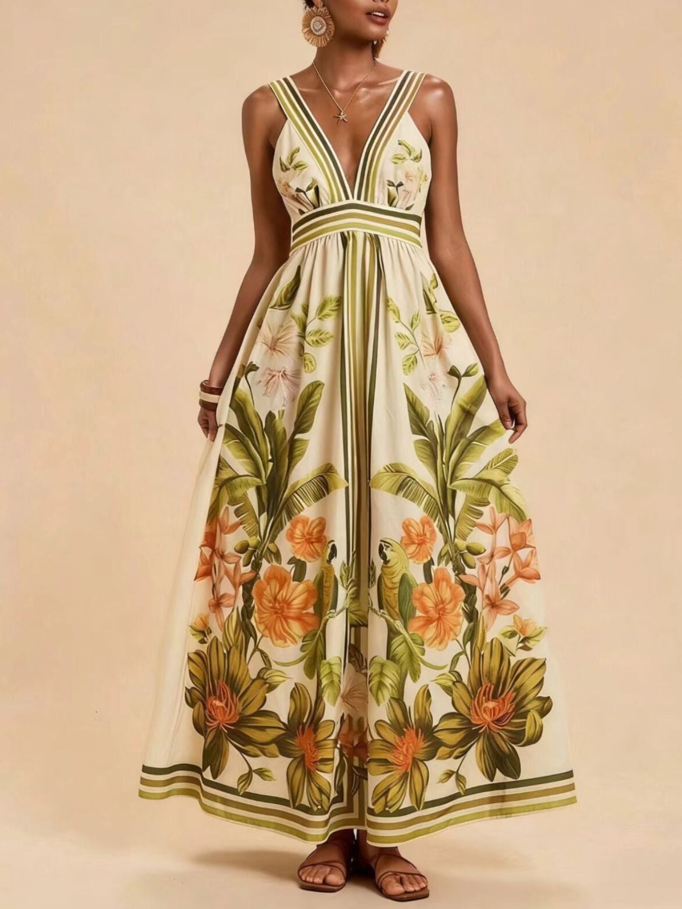 Tropical Print V-Neck Maxi Dress