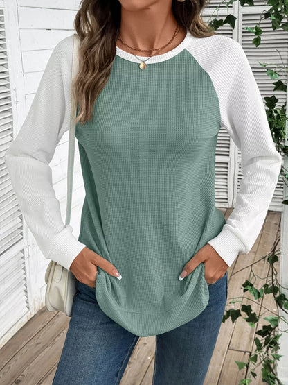 Contrast Raglan Sleeve Waffle Knit T-Shirt