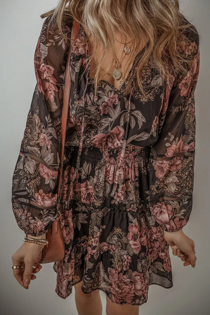 Floral Print Tie Neck Mini Dress