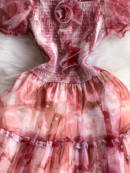 Smocked Floral Tiered Mesh Midi Dress