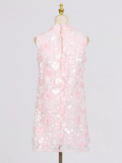 Floral Applique High Neck Sleeveless Mini Dress