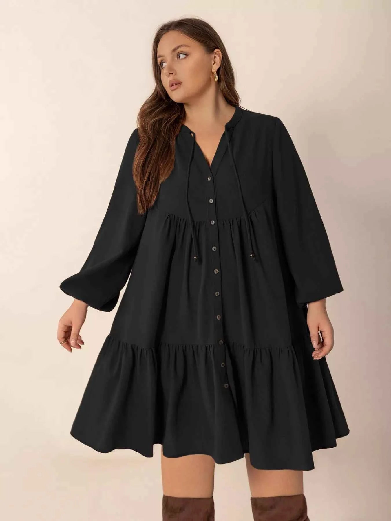 Plus Size Button Front Balloon Sleeve Dress