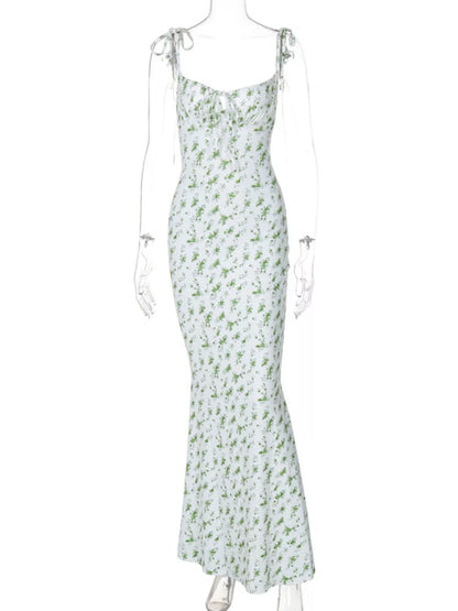 Floral Print Tie Strap Bodycon Maxi Dress