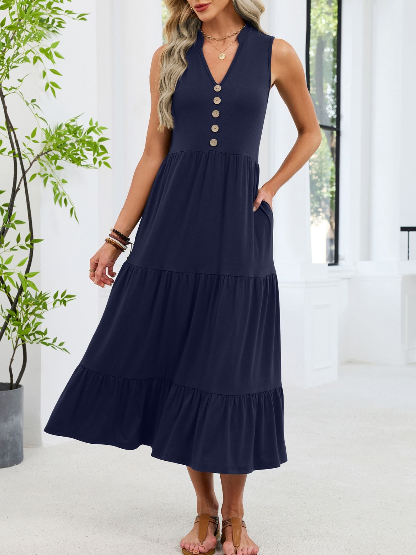 Sleeveless Notched Tiered Midi Dress