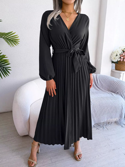 Elegant Pleated Front Tie Long Sleeve Dress