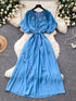 Floral Decor Tie Waist Puff Sleeve Dress