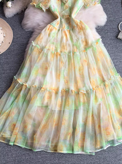 Smocked Floral Tiered Mesh Midi Dress