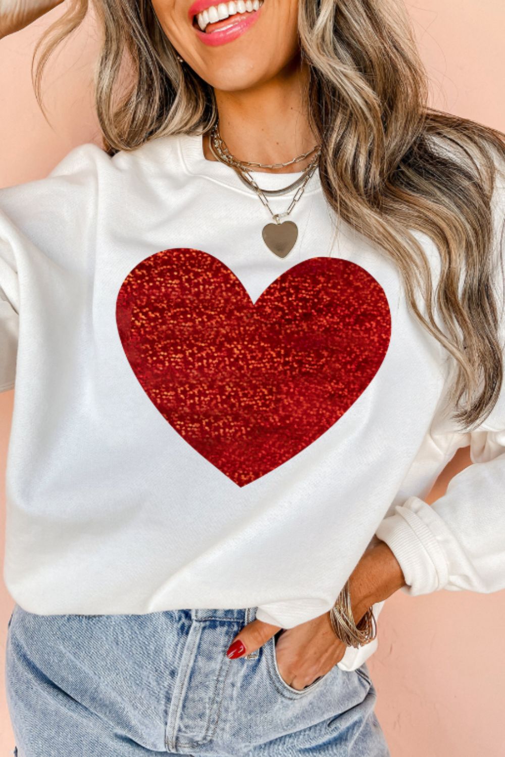 Valentines Day Heart Round Neck Long Sleeve Sweatshirt