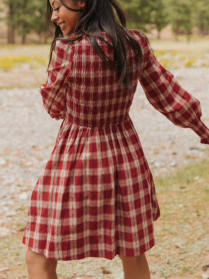 Plaid Print Smocked Puff Sleeve Mini Dress