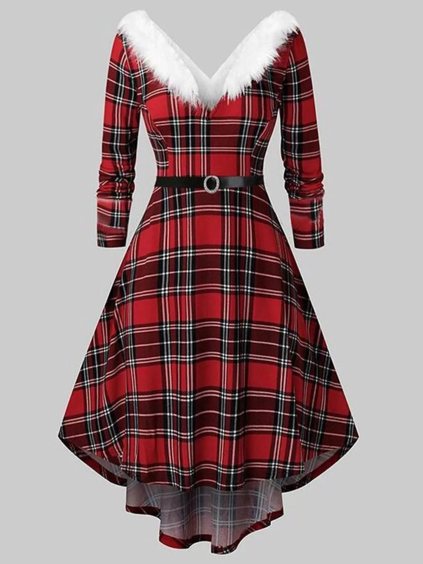 Fuzzy Trim Long Sleeve Christmas Dress