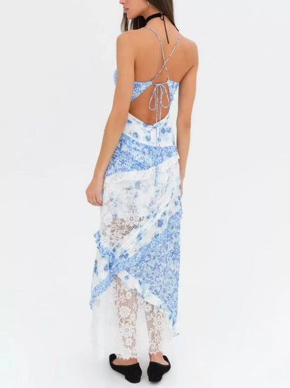 Lace Floral Print Ruffle Trim Maxi Dress