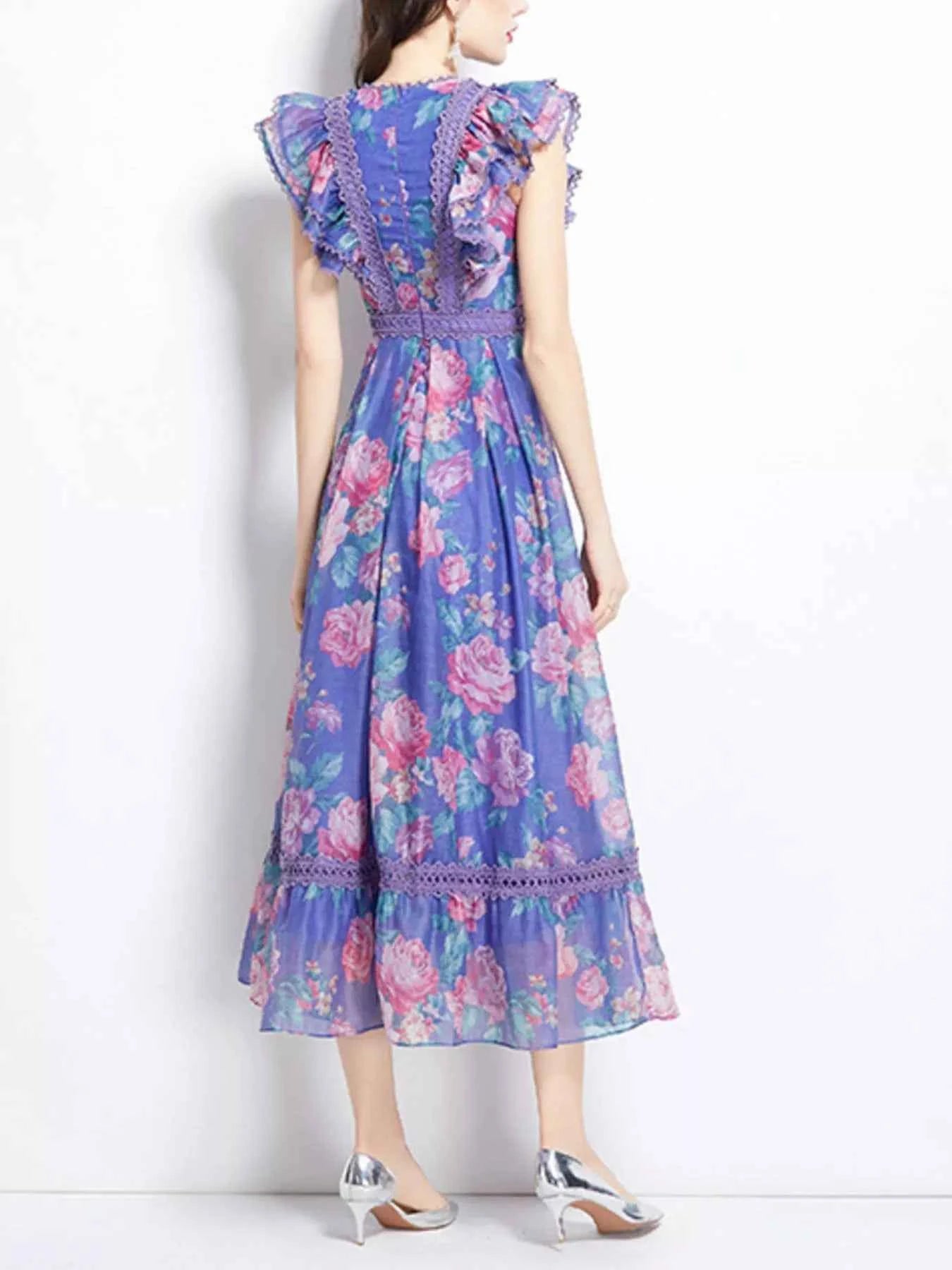 Floral Print Ruffle Sleeve Midi Dress