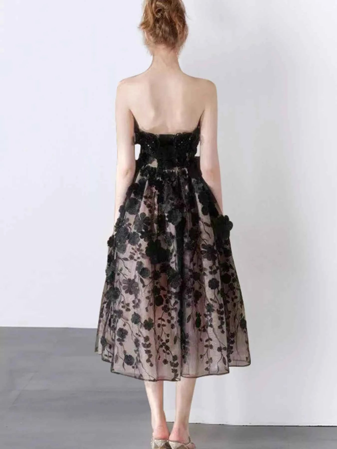 Strapless Floral Applique Midi Dress