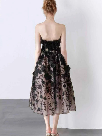 Strapless Floral Applique Midi Dress
