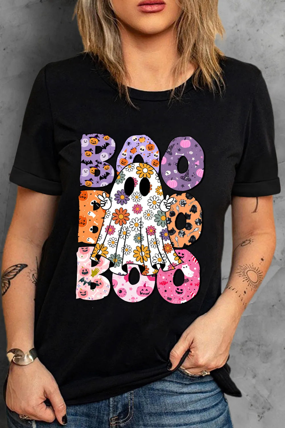 BOO Ghost Graphic Round Neck Short Sleeve T-Shirt - Lojy Shop