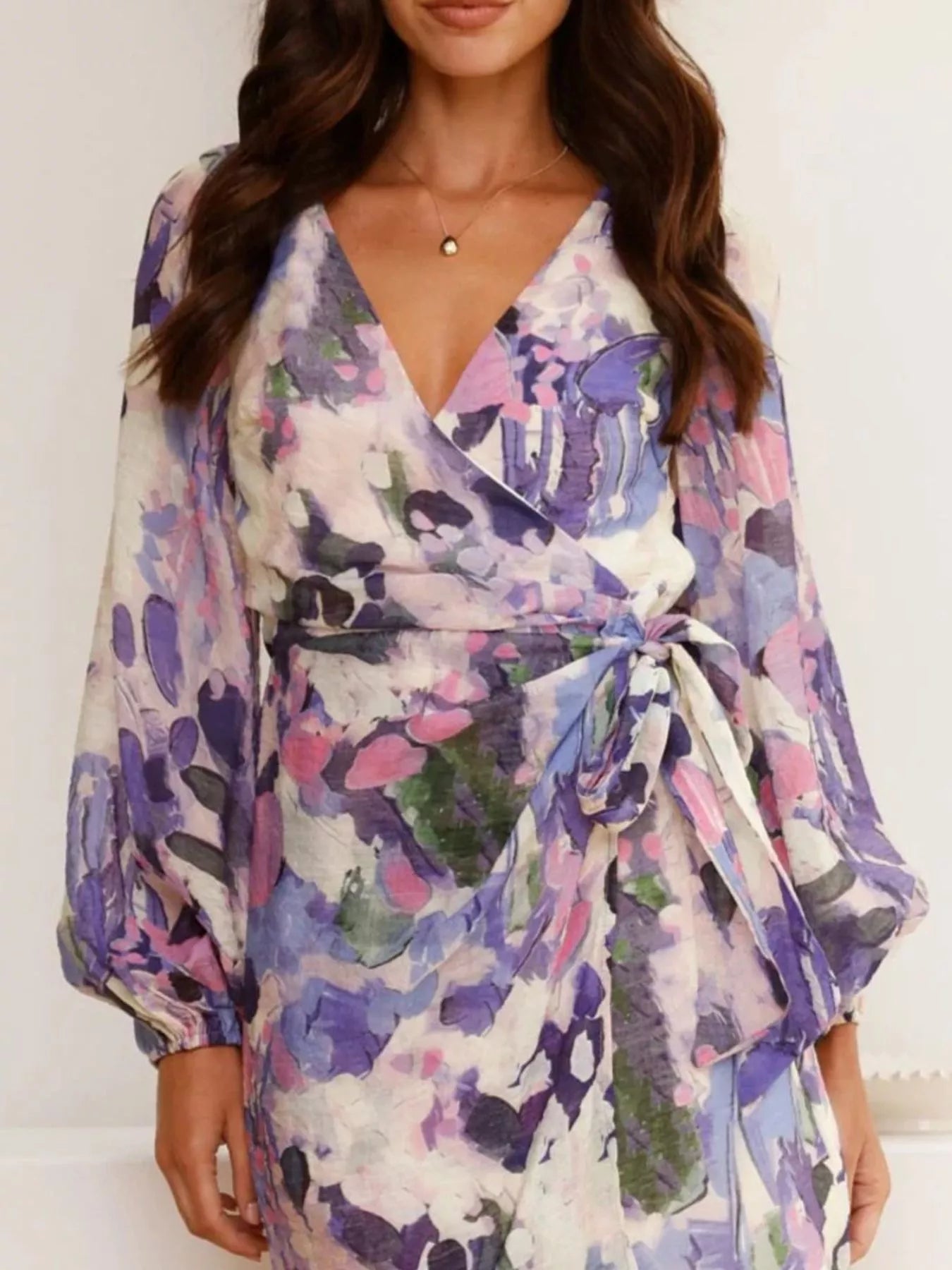 Surplice Long Sleeve Tie Waist Dress