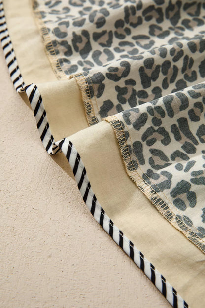 Leopard Print Striped Color Block Trim V Neck Bracelet Sleeve Mini Dress