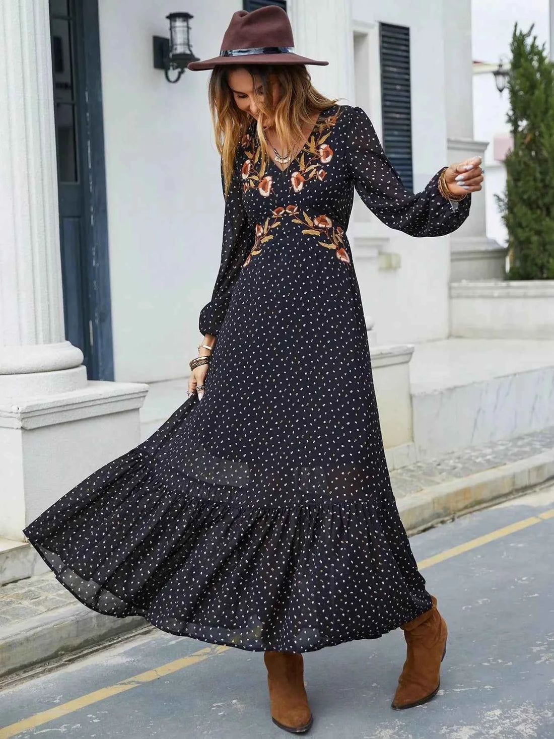 Plus Size Floral Embroidered Polka Dot Maxi Dress