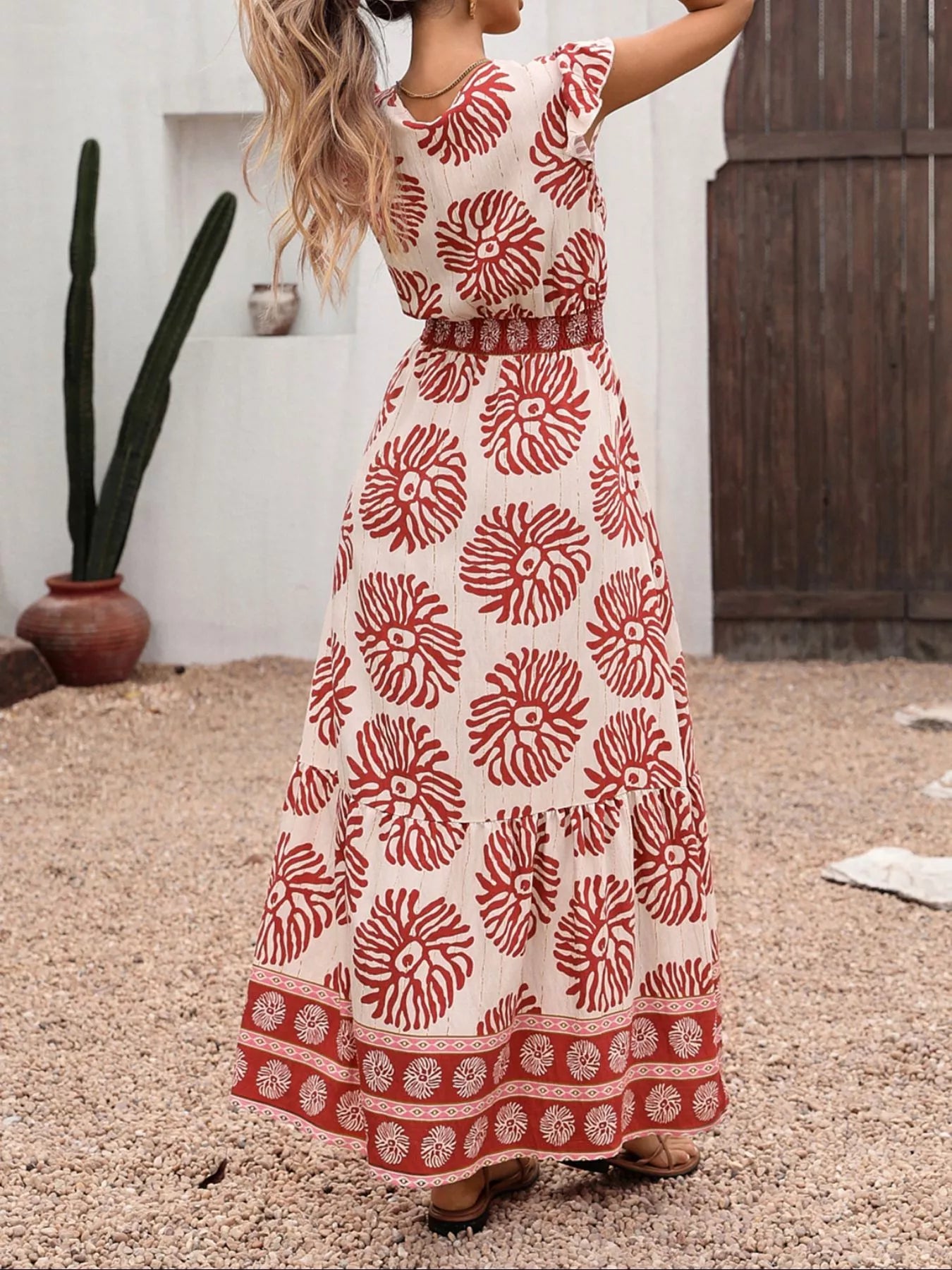 Printed V-Neck Cap Sleeve Dress