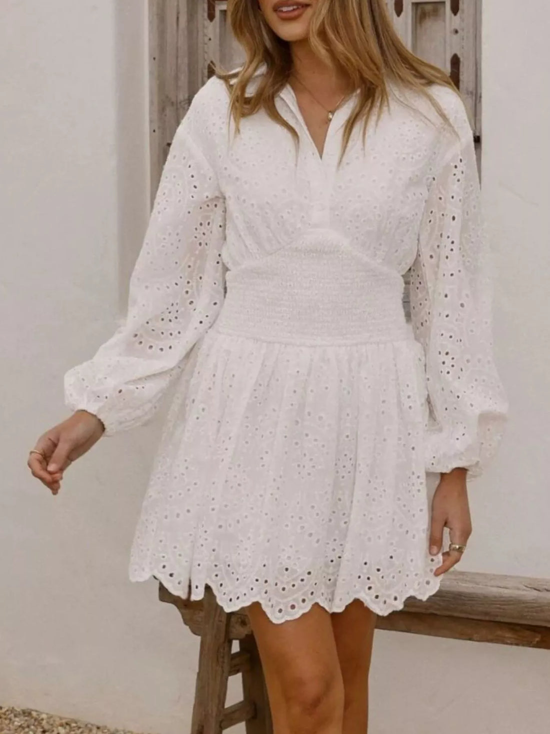 Eyelet Balloon Sleeve Mini Dress