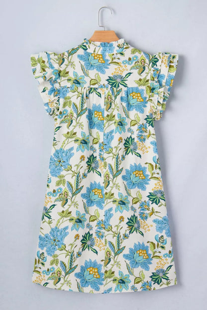 Floral Print V Neck Triple Ruffle Short Sleeve Shift Mini Dress