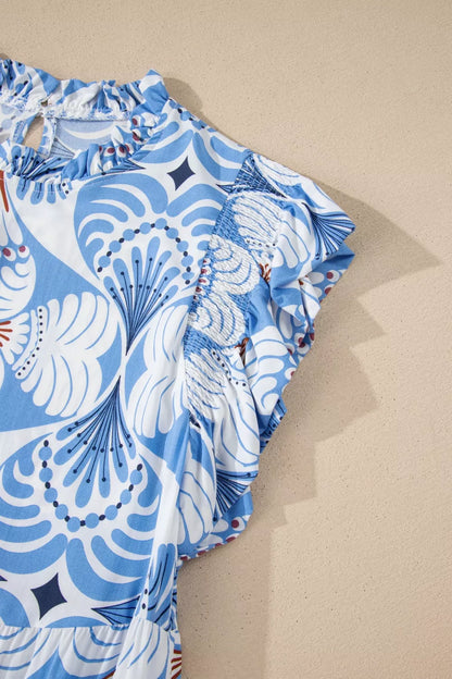 Tropical Botanic Print Flutter Sleeve Vacation Dress