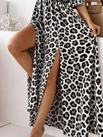 Leopard Print Cold Shoulder Slit Maxi Dress