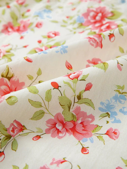 Striped Edge 3/4 Puff Sleeve Floral Dress