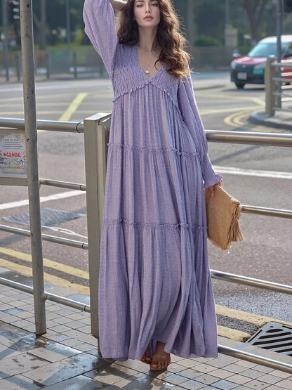 V-Neck Long Sleeve Tiered Maxi Dress