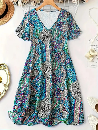 Plus Size Paisley Print V-Neck Short Sleeve Dress