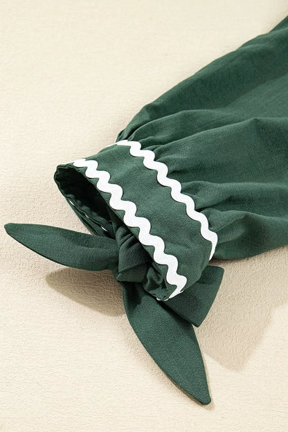 Contrast Ricrac Trim Button V Neck Knotted Bracelet Sleeve Shift Dress