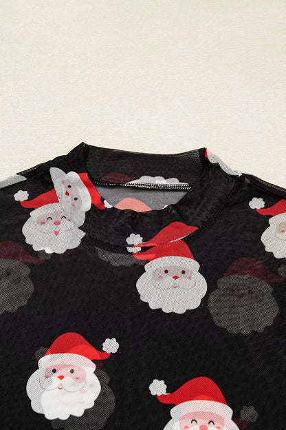 Christmas Santa Print Mesh Long Sleeve Top