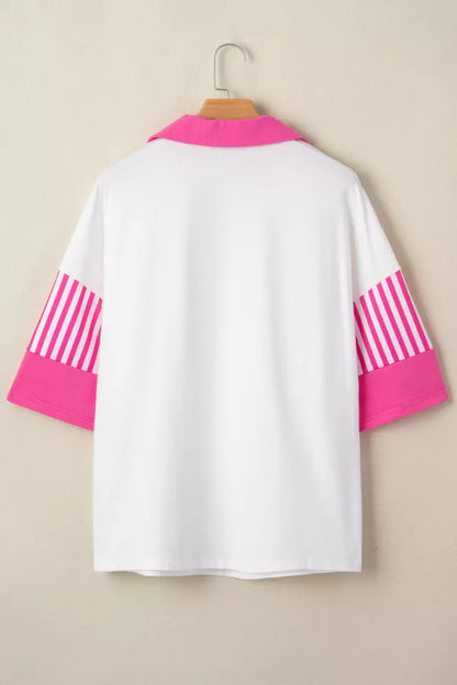 Striped Color Block Patchwork Polo Collar Half Sleeve T Shirt