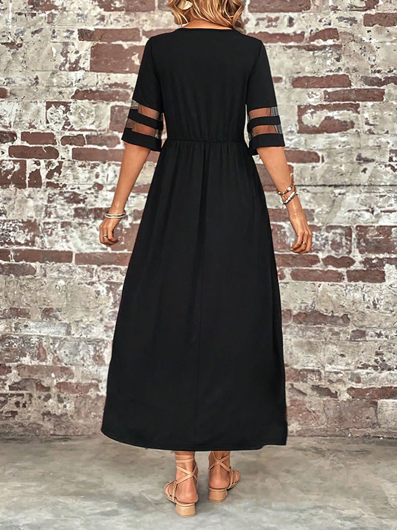 Plus Size Mesh Sleeve Round Neck Dress with Pockets