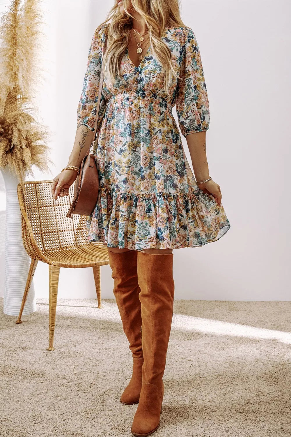 Floral Print Ruffle Hem Mini Dress